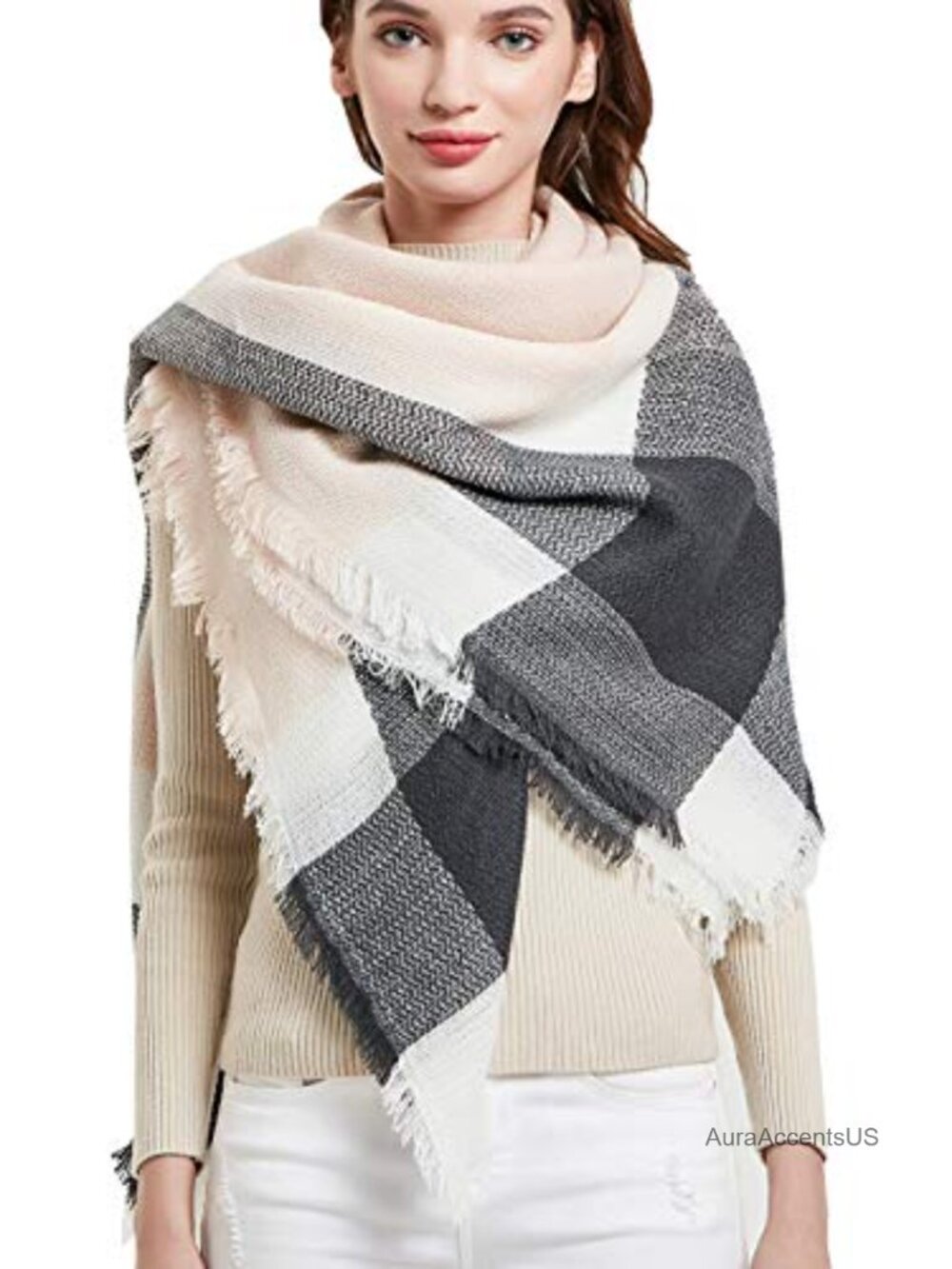 Wool Square Shawl Wrap Plaid Infinity Scarf Winter Warm